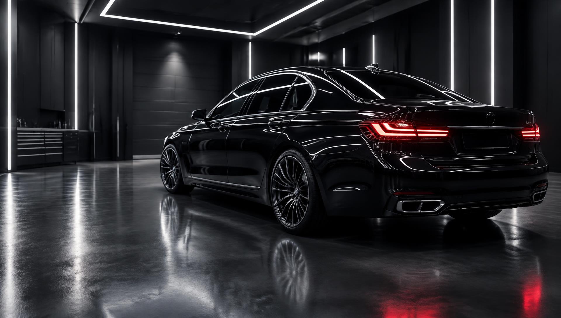Polished black vehicle in a detailing studio
